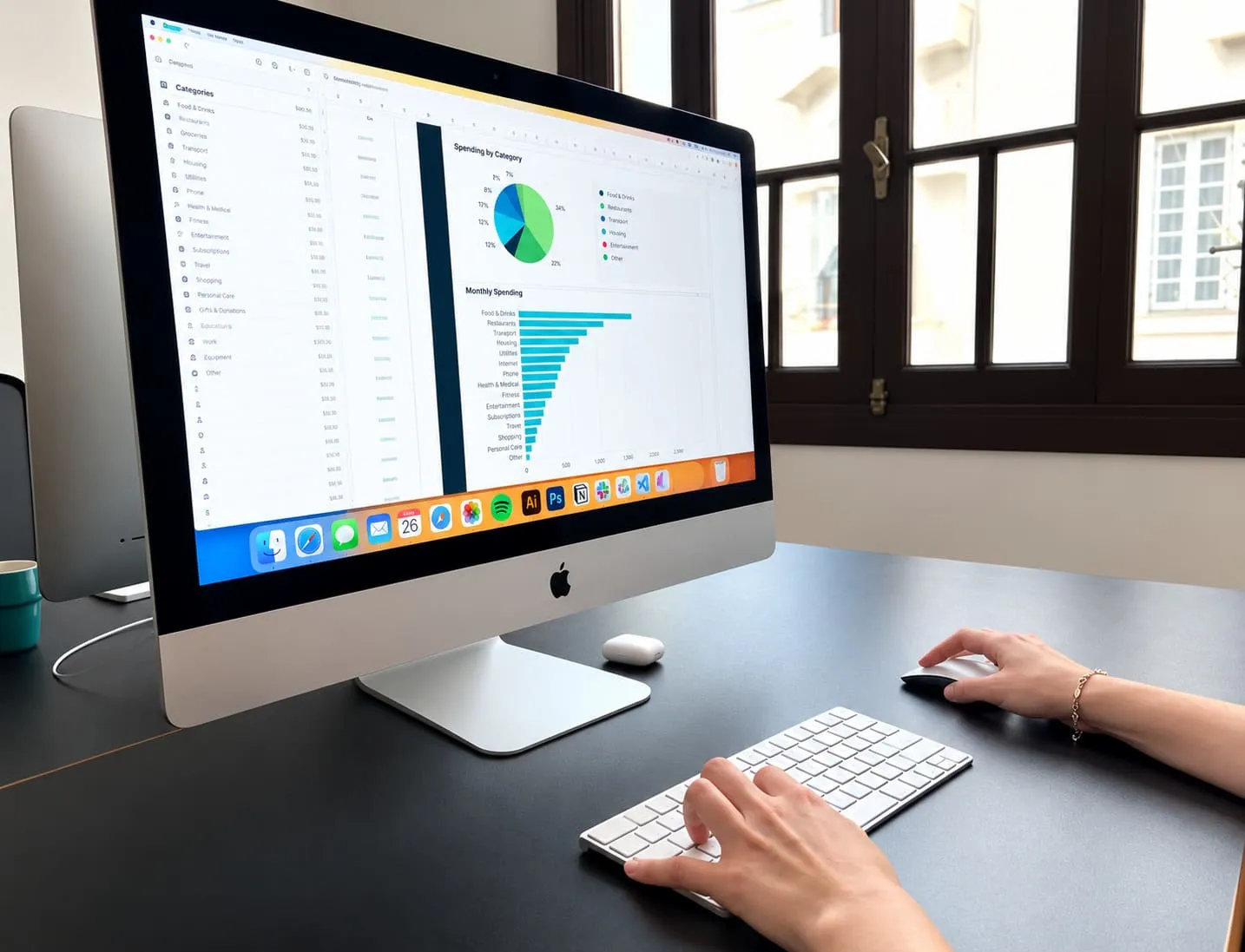 Hands at a keyboard and mouse in front of a large screen showing a pie chart and a bar chart.
