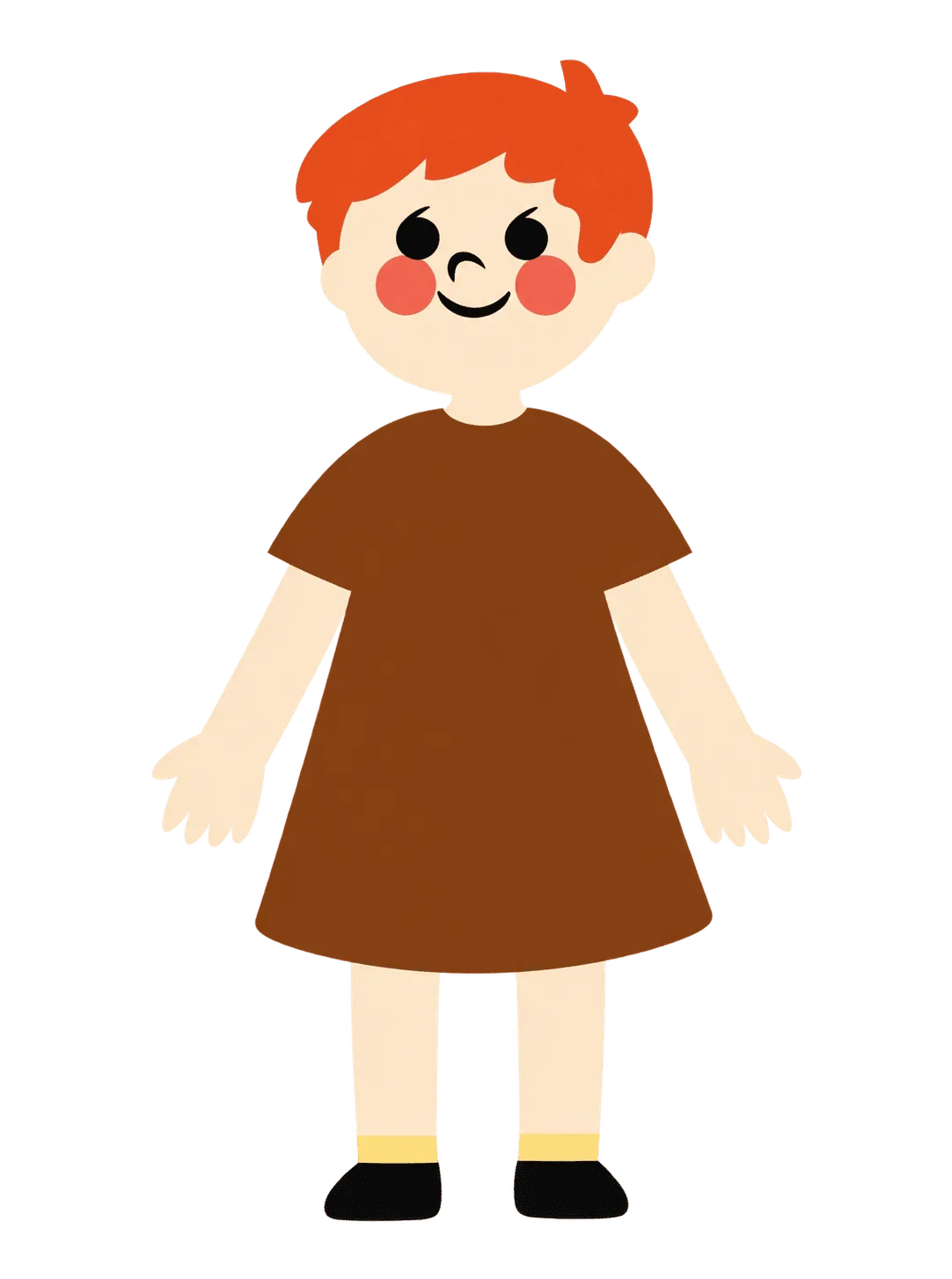 A standing avatar with short red hair and fair skin, wearing a brown dress with yellow socks and black shoes