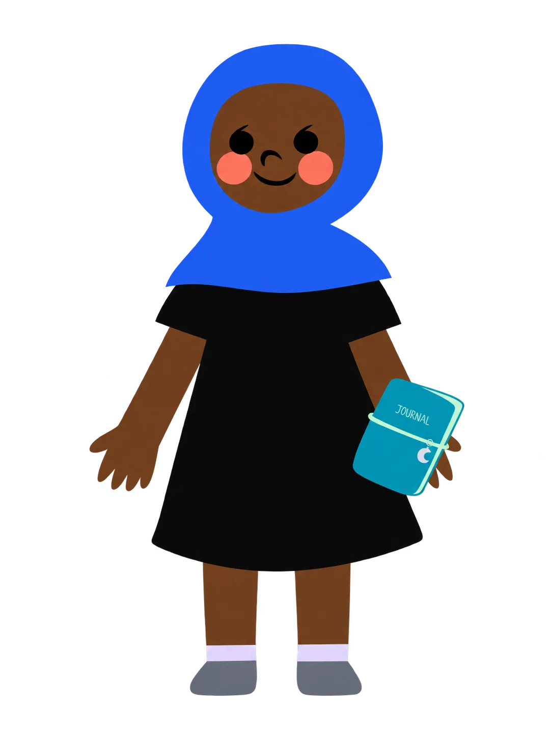 A standing avatar with dark skin wearing a blue headscarf and a black dress, holding a small blue journal