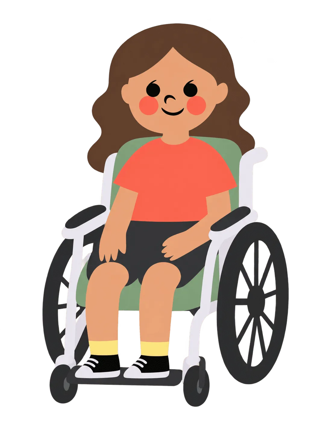An avatar with long wavy brown hair and a coral tee, seated in a wheelchair