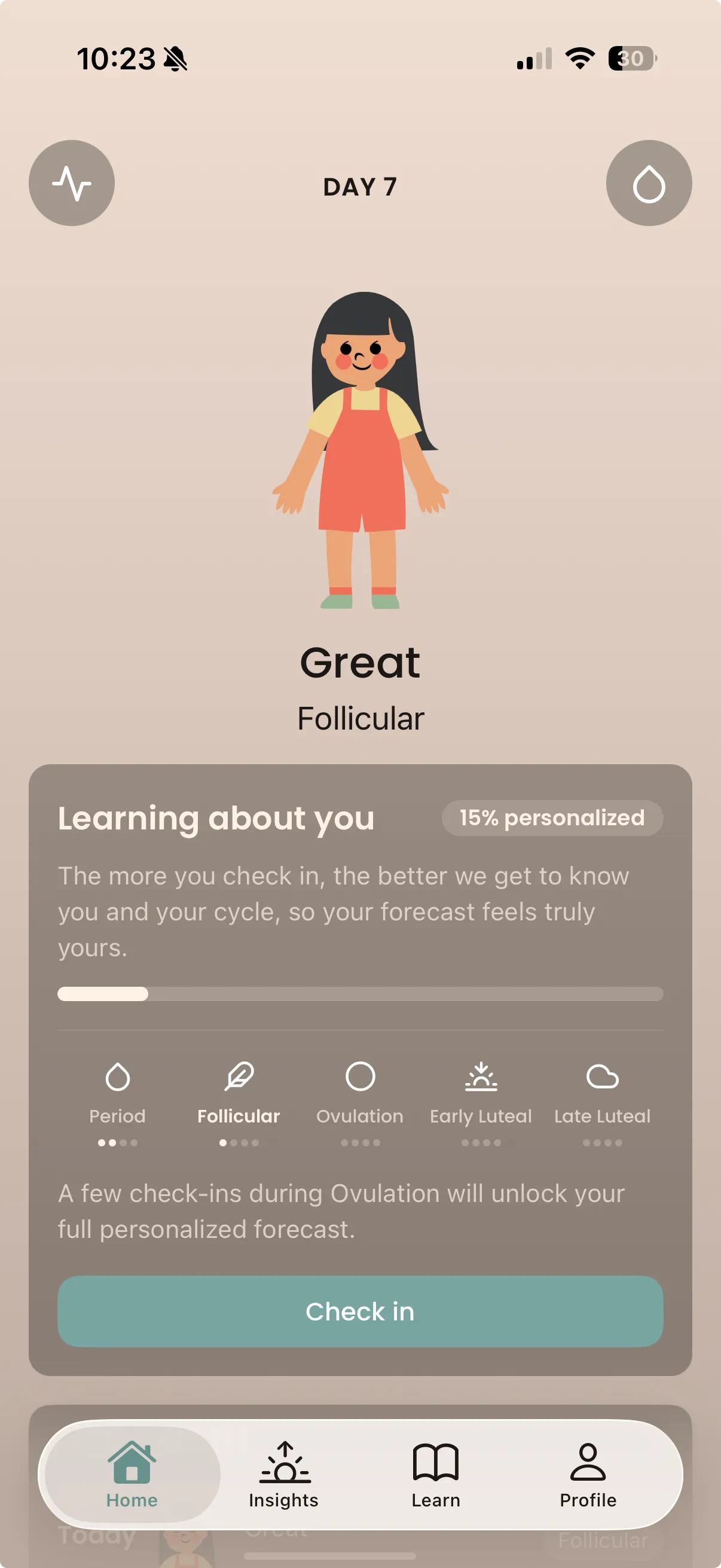 The Moon Quest home screen on day seven, showing the avatar above the word Great and the follicular phase, with a Learning about you card reading fifteen percent personalized
