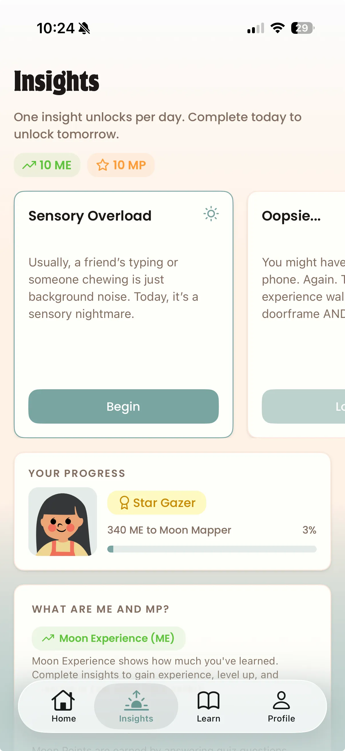 The Moon Quest Insights tab showing a Sensory Overload card ready to begin and a progress card at the Star Gazer level