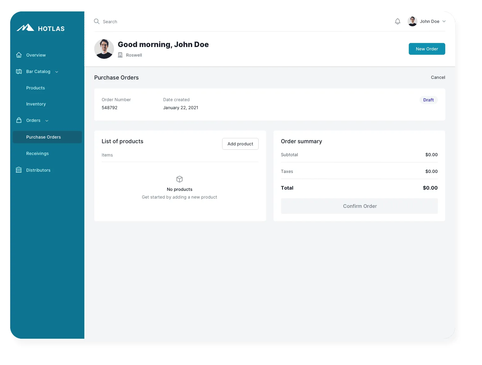 Hotlas purchase order in draft state, with an empty product list and an order summary