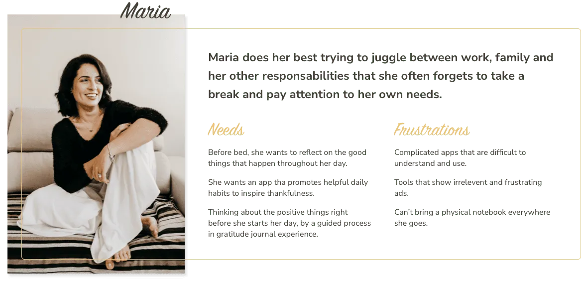 A user persona card for Maria, with her photo, a short profile of a busy working mother who forgets to take time for herself, and her needs and frustrations with existing apps
