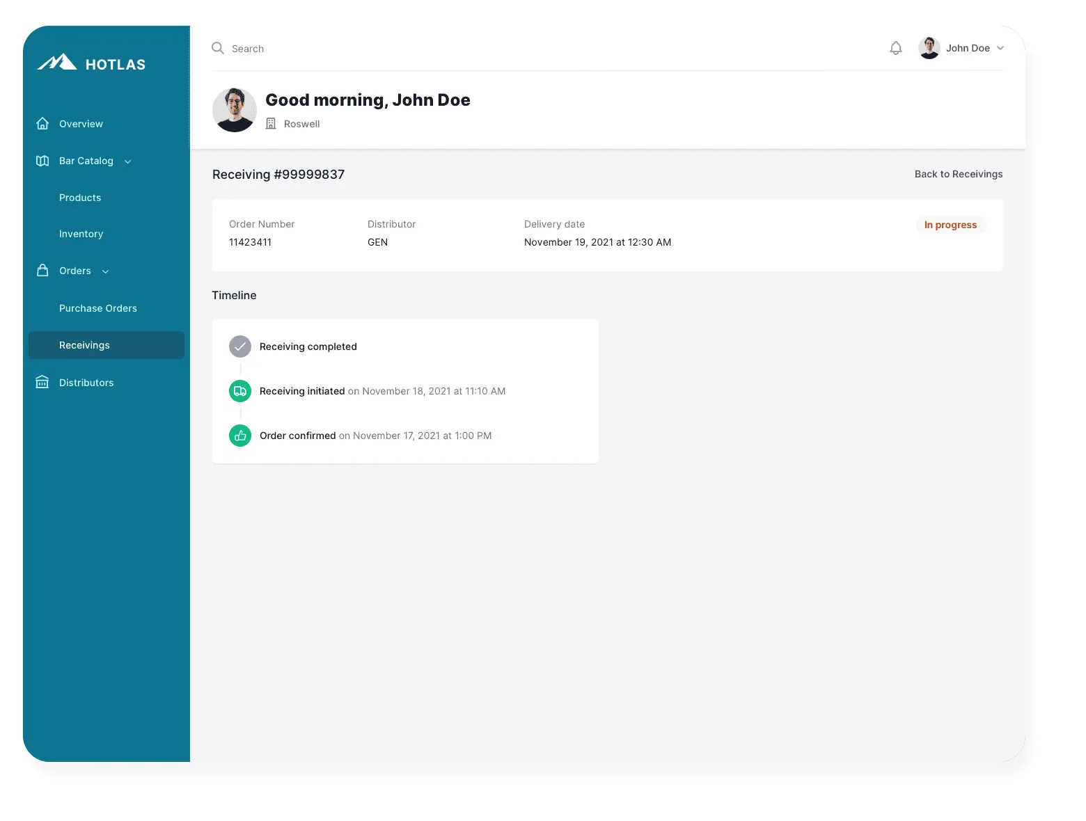 Hotlas receiving detail screen with the order number, distributor and delivery date, and a timeline from order confirmed to receiving completed