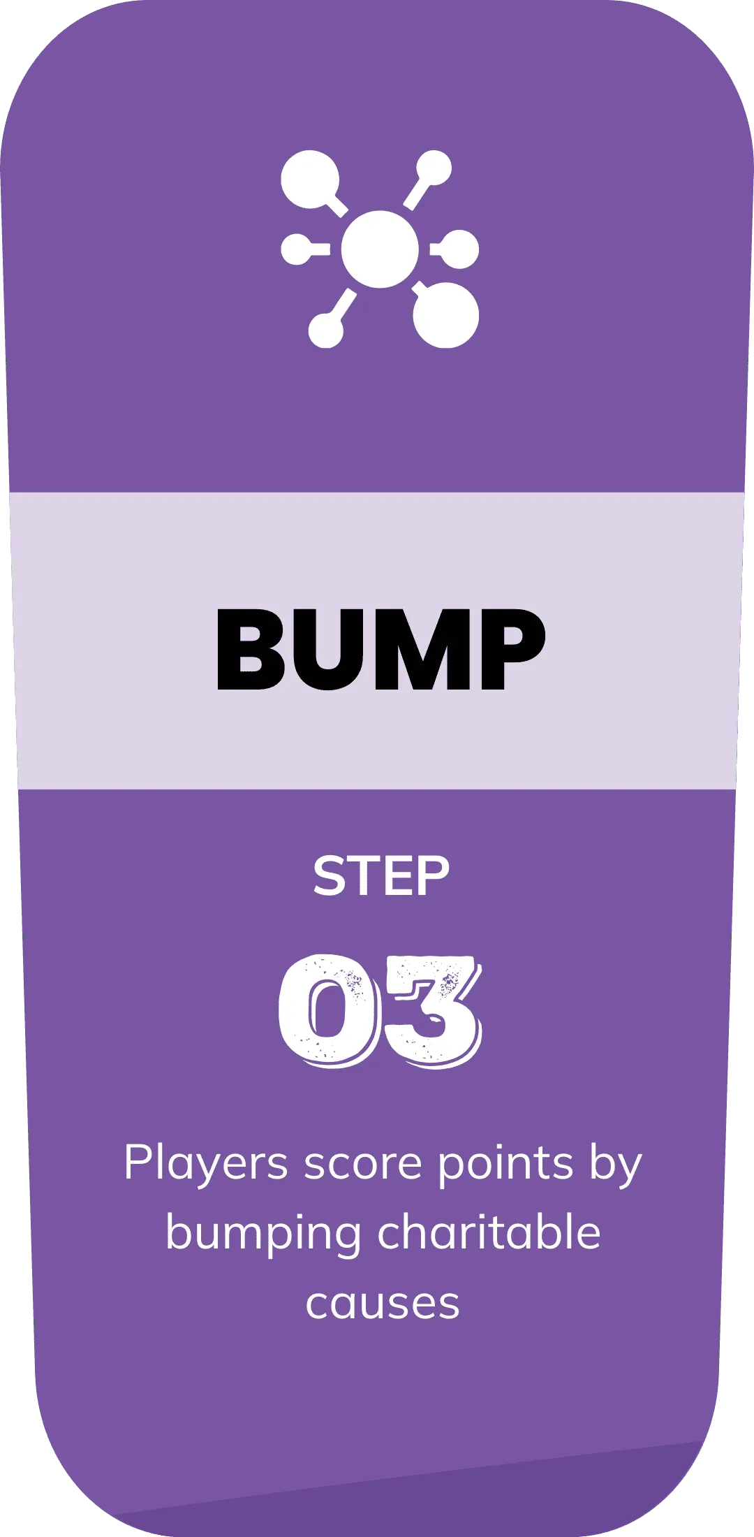 Step three, a purple card reading Bump. Players score points by bumping charitable causes