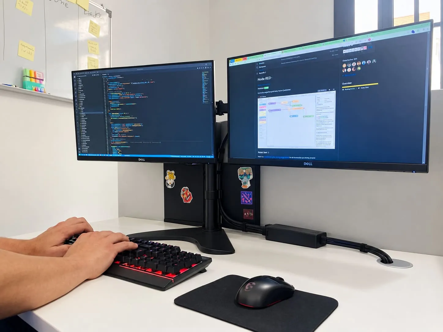 A hand at a keyboard between two monitors, code on one and a web page on the other.