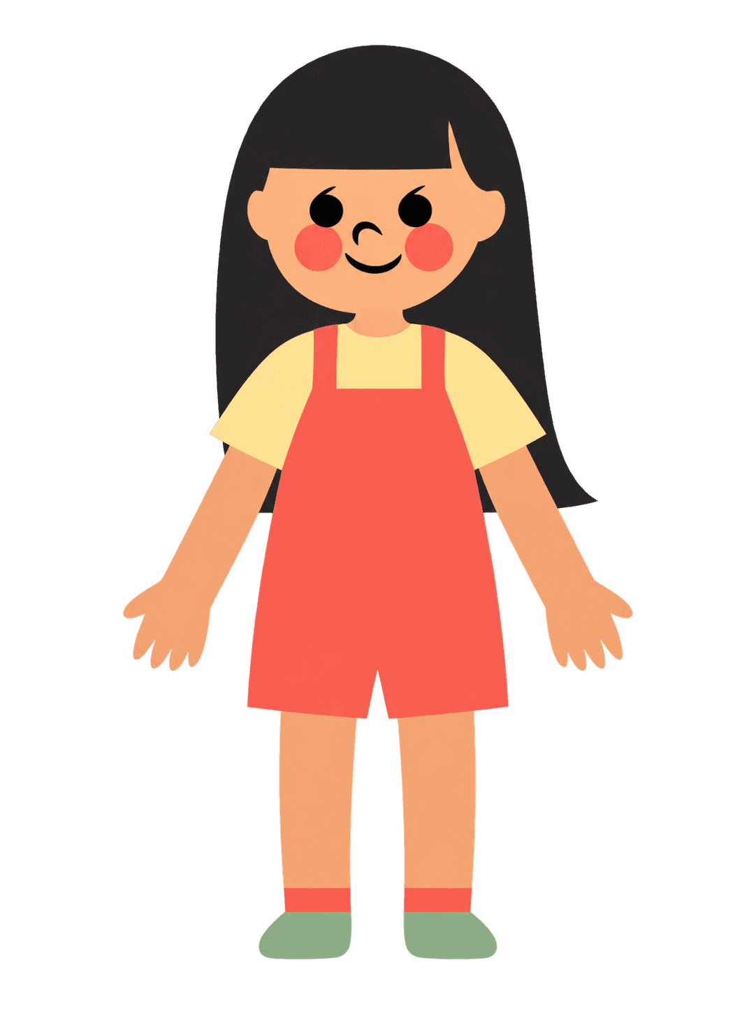 A standing avatar with long black hair and a fringe, wearing a coral overall over a pale yellow tee with green shoes