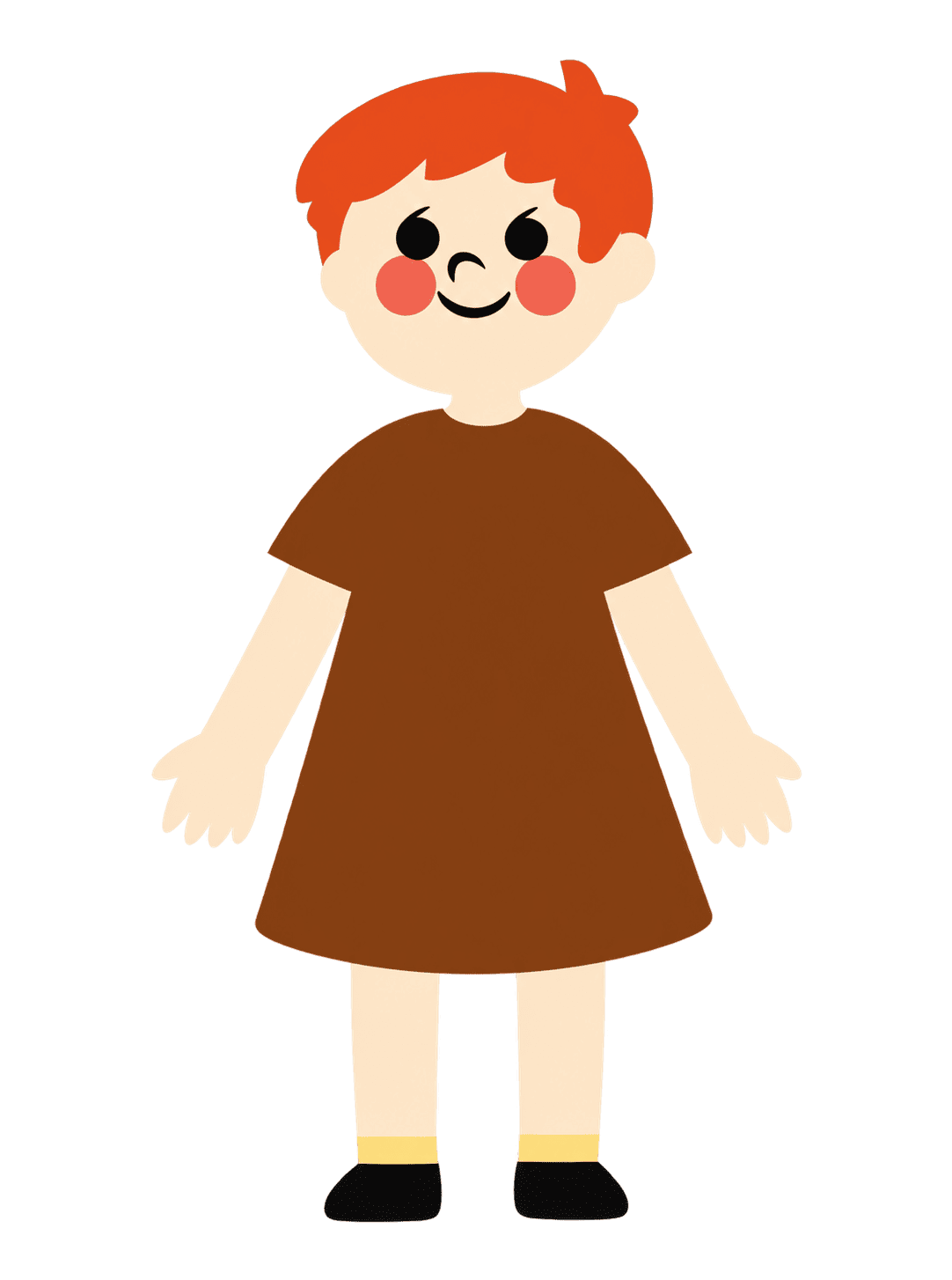 A standing avatar with short red hair and fair skin, wearing a brown dress with yellow socks and black shoes