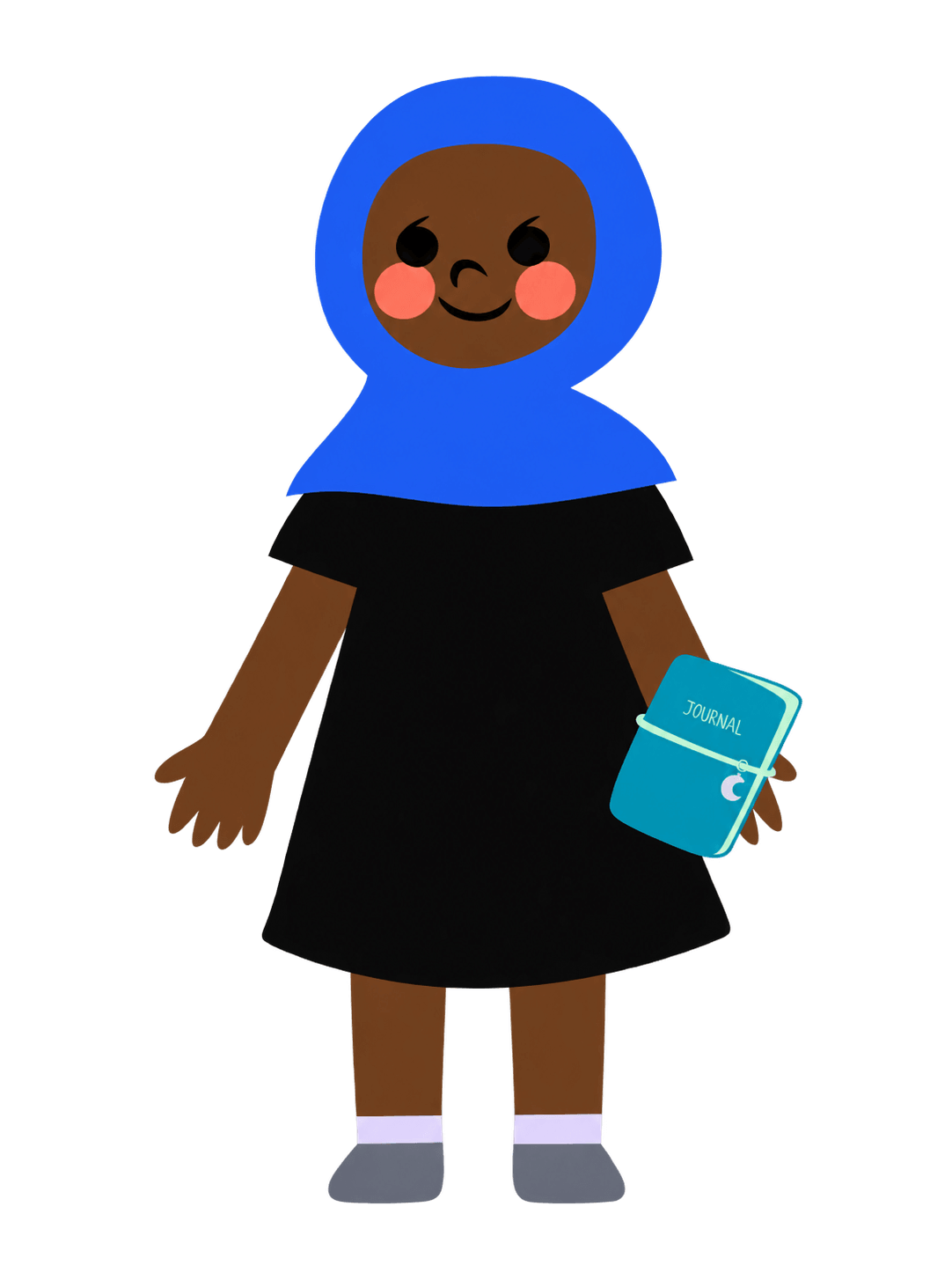A standing avatar with dark skin wearing a blue headscarf and a black dress, holding a small blue journal