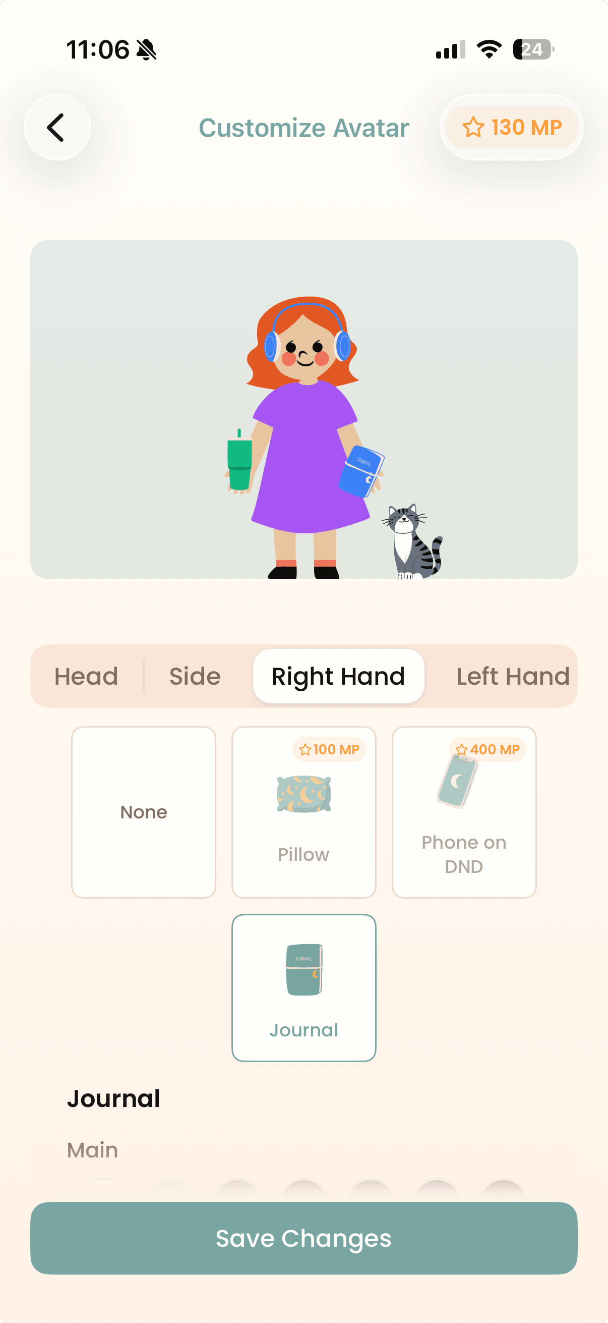 The Moon Quest avatar editor with the Right Hand tab open, a journal selected, and accessories priced in Moon Points