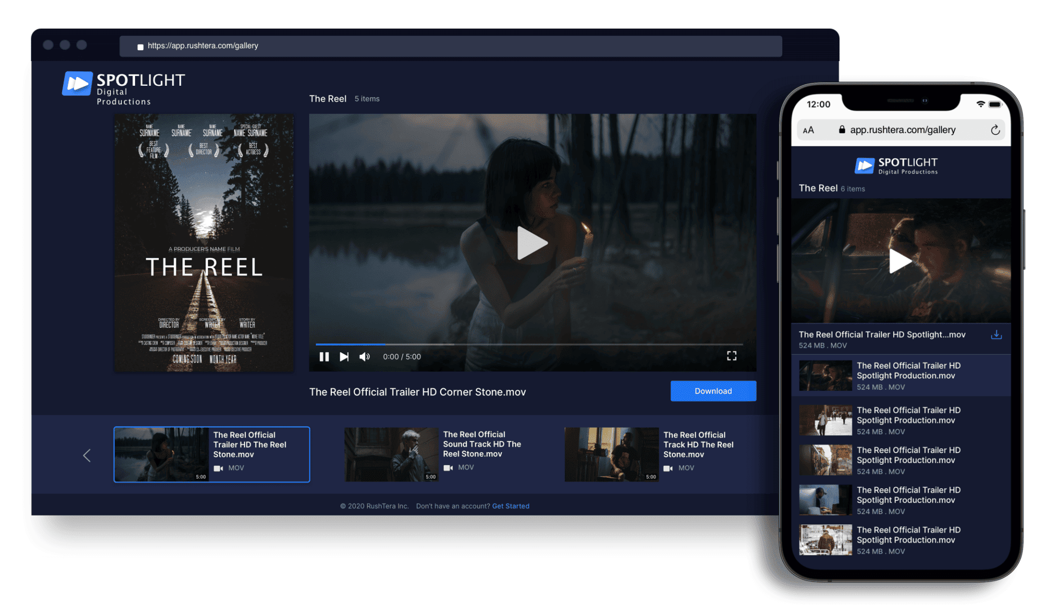 Rushtera media gallery for a production company, playing a film trailer on desktop and on a phone
