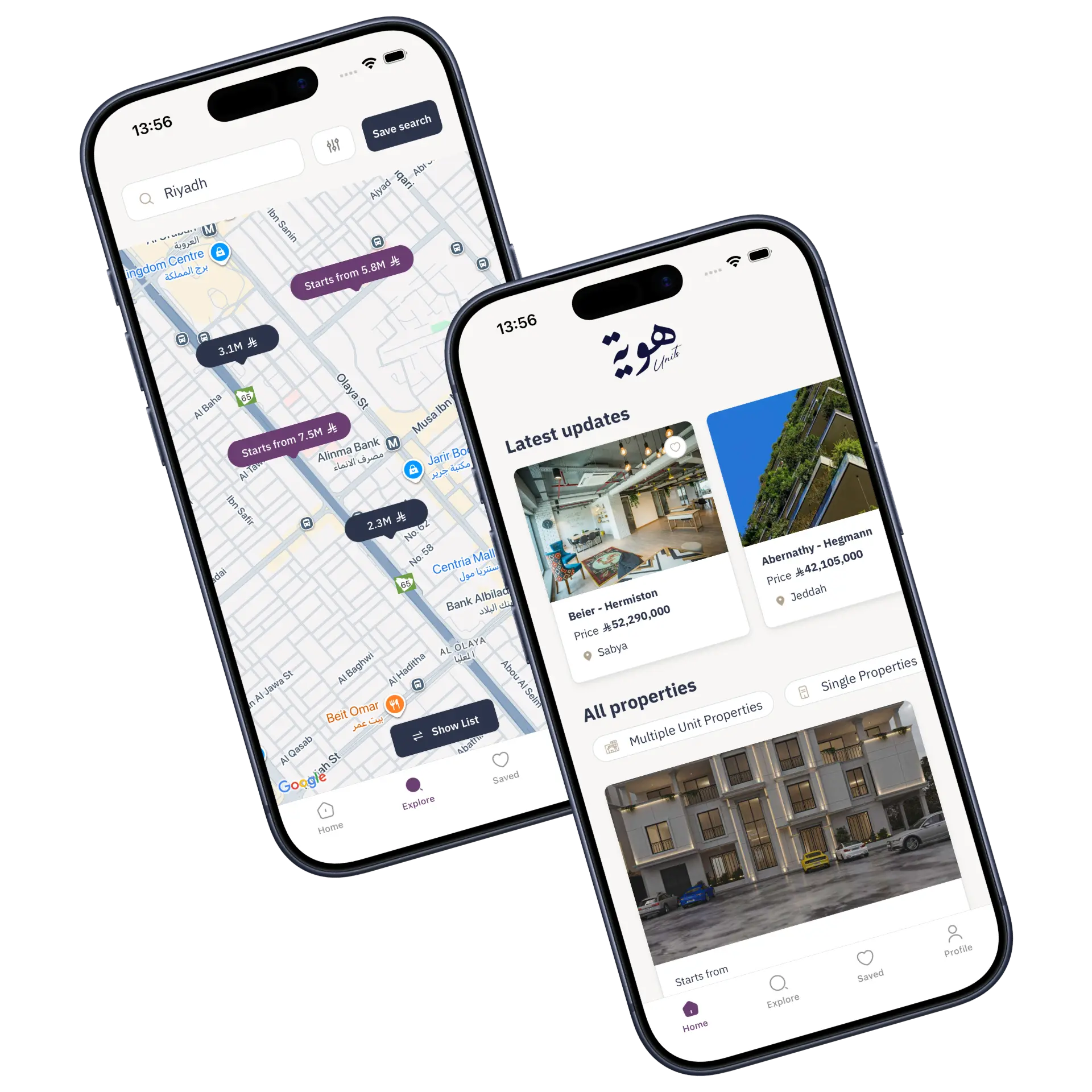 Two phones showing the Hawyia Units home screen with the latest listings and the explore map of Riyadh with price markers on it.