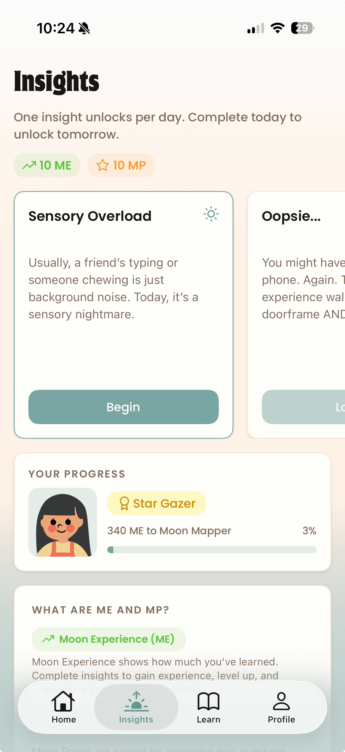 The Moon Quest Insights tab showing a Sensory Overload card ready to begin and a progress card at the Star Gazer level