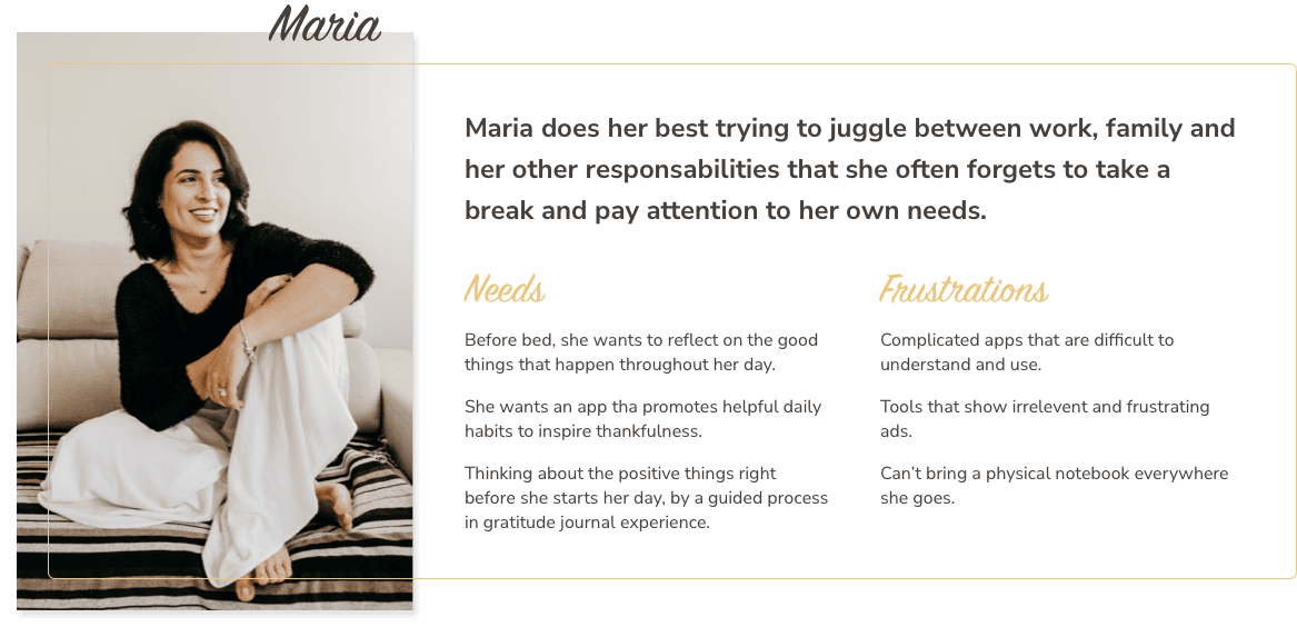 A user persona card for Maria: her photo, a short profile of a busy working mother who forgets to take time for herself, and her needs and frustrations with existing apps
