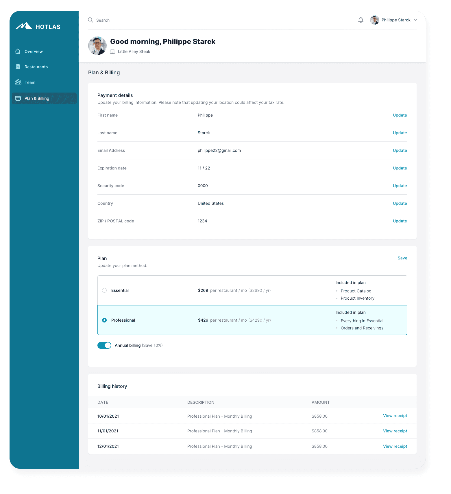 Hotlas plan and billing page with payment details, Essential and Professional plan options, and billing history