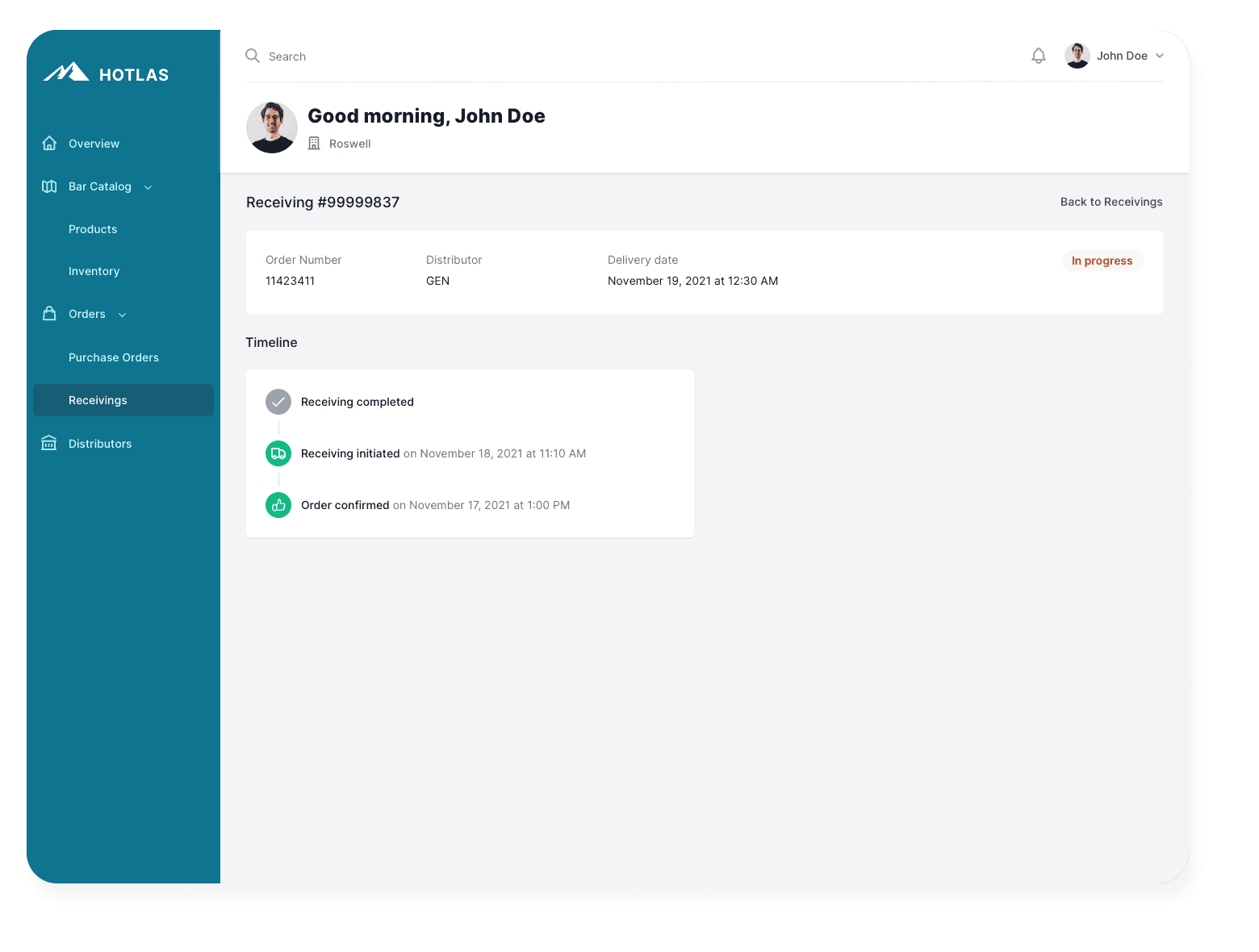 Hotlas receiving detail screen with the order number, distributor and delivery date, and a timeline from order confirmed to receiving completed