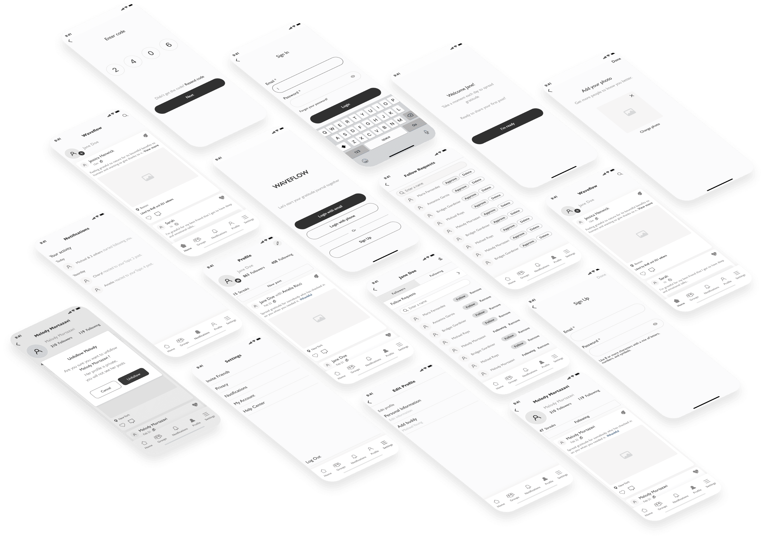 A grid of about twenty low-fidelity phone wireframes for Waveflow: sign-in and sign-up, onboarding, the gratitude feed, profiles, follow requests, notifications and settings